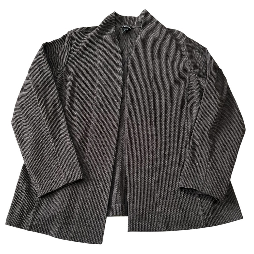 Eileen Fisher Woman brown and black waffle knit open front long sleeve jacket
